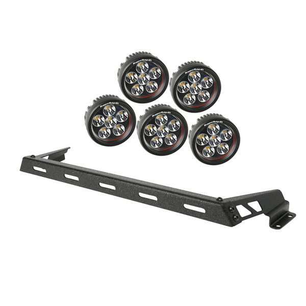 Rugged Ridge Light Bar Halterung incl. 5 runden 3,5" LED Scheinwerfern Hammerschlag Optik für die Motorhaube Wrangler 07-18