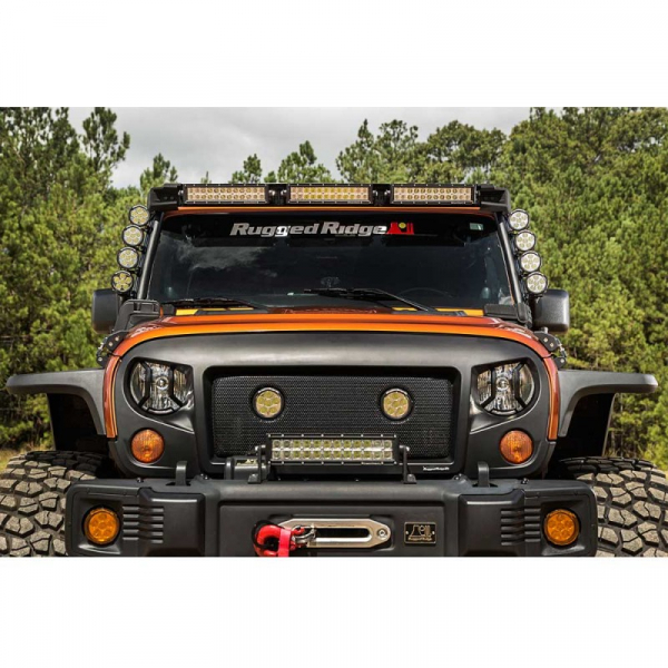 Rugged Ridge Elite Fast Track Windshield Light Bar / LED Halterung Windschutzscheibe Jeep Wrangler JK mit 8 Lampen, 3 Lightbars